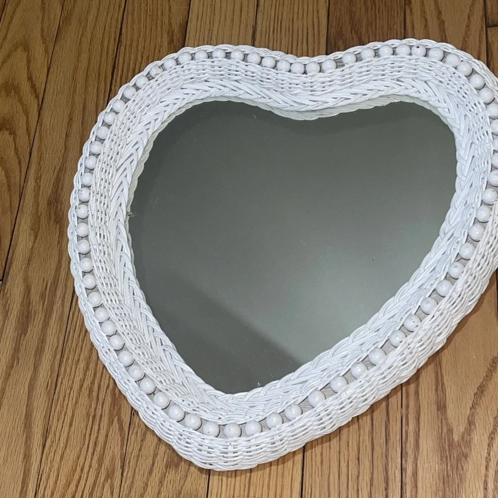 Vintage Mirror - White Wicker Heart Shaped Shabby Chic Boho